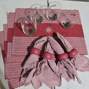 Festive Red Placematswith Juice Glasses, 4 Napkin Rings/ Napkins/ Juice Glasses